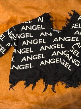 Black Distressed Crewneck Sweater with White 'ANGEL' Text